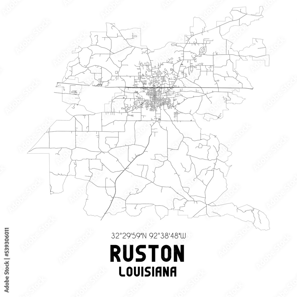 Ruston Louisiana. US street map with black and white lines.