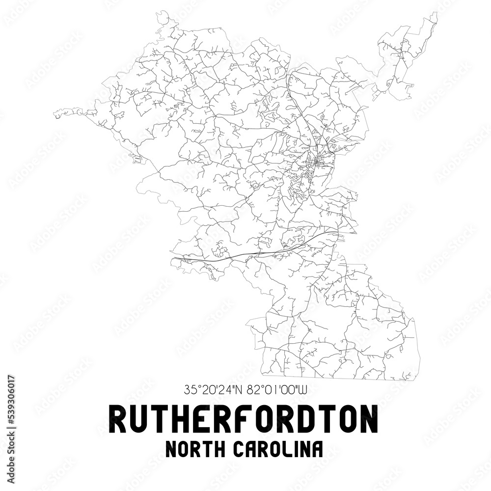Rutherfordton North Carolina. US street map with black and white lines.