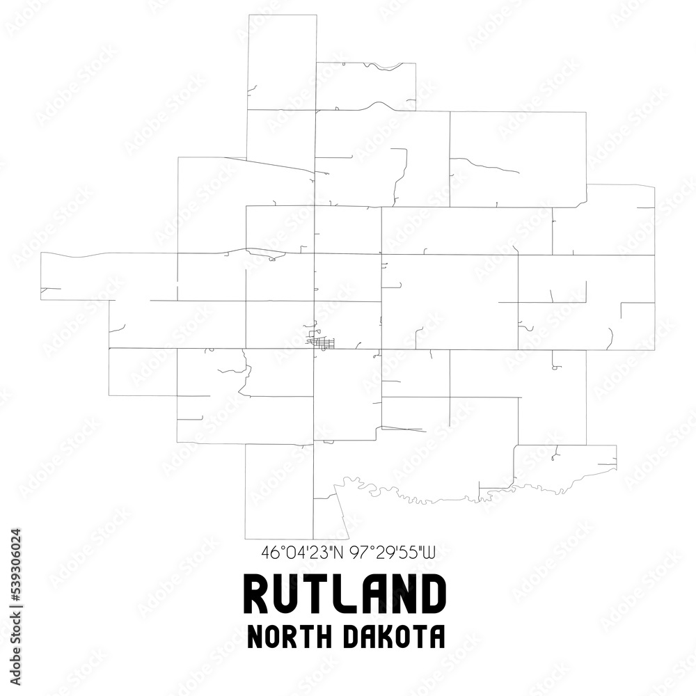 Rutland North Dakota. US street map with black and white lines.