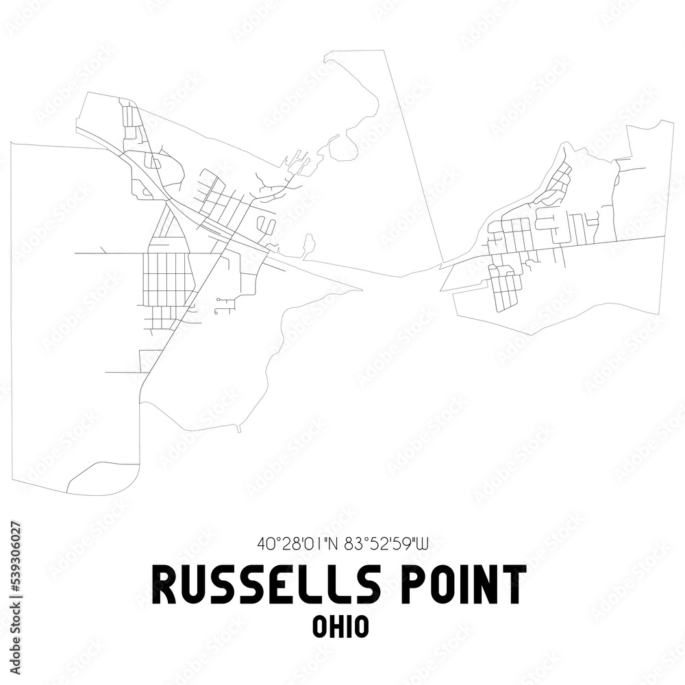 Russells Point Ohio. US street map with black and white lines. Stock