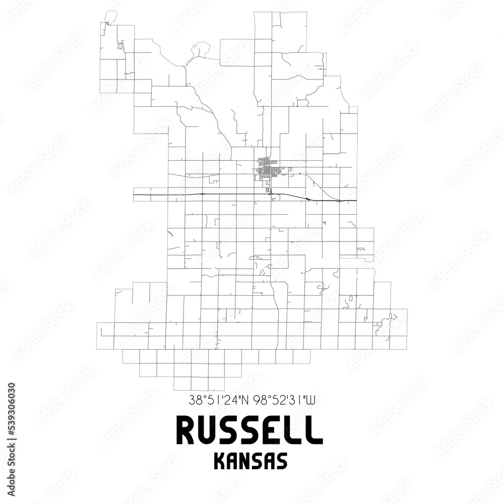 Russell Kansas. US street map with black and white lines. Russell Kansas. US street map with black and white lines.