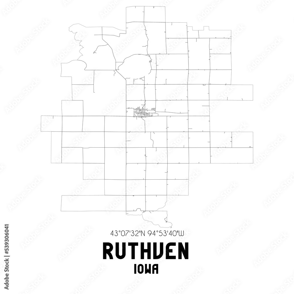 Ruthven Iowa. US street map with black and white lines.