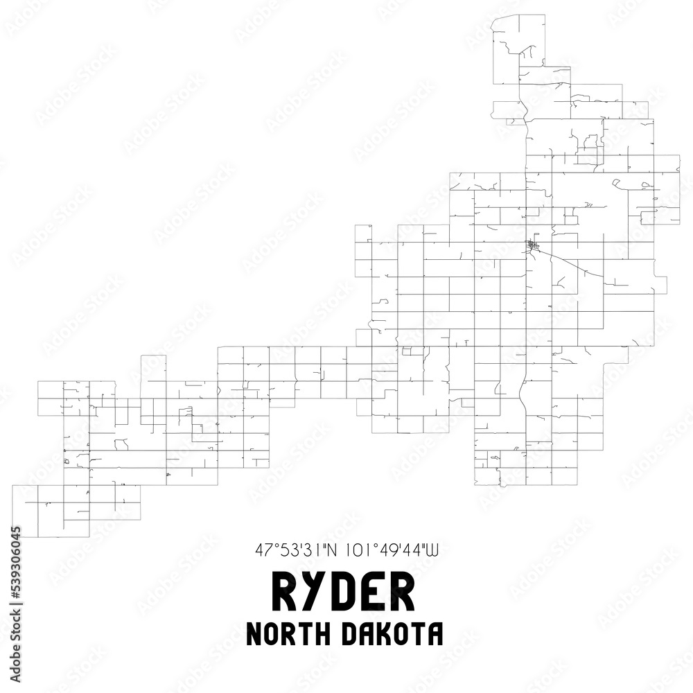 Ryder North Dakota. US street map with black and white lines.