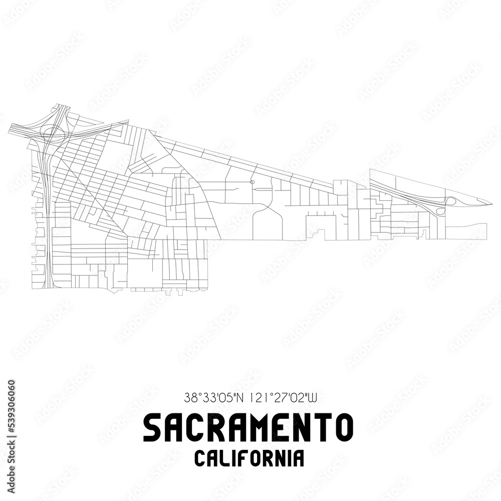 Sacramento California. US street map with black and white lines.