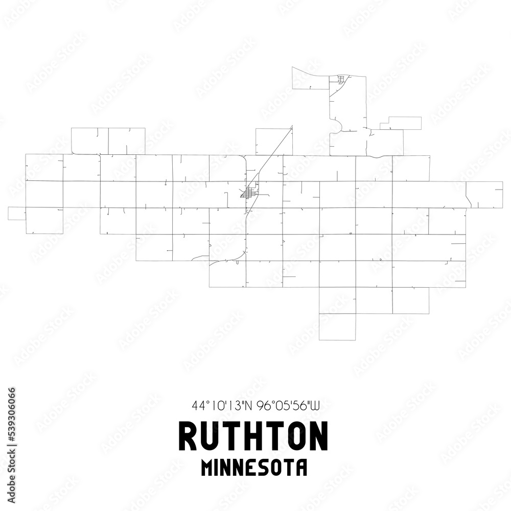 Ruthton Minnesota. US street map with black and white lines.