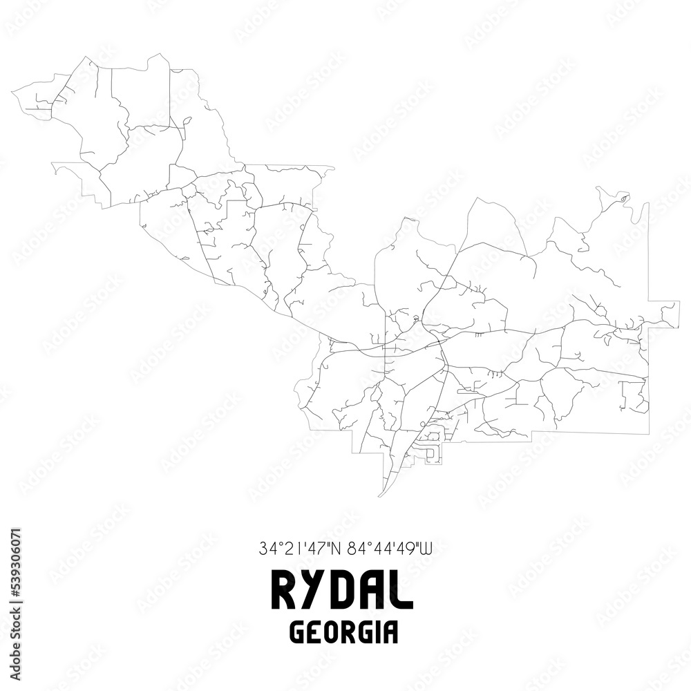 Rydal Georgia. US street map with black and white lines.