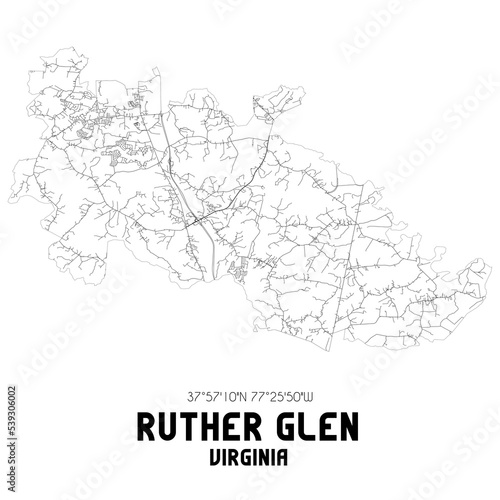 Ruther Glen Virginia. US street map with black and white lines.