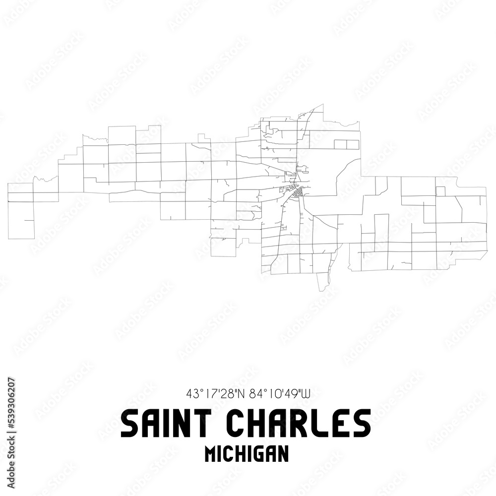 Saint Charles Michigan. US street map with black and white lines.