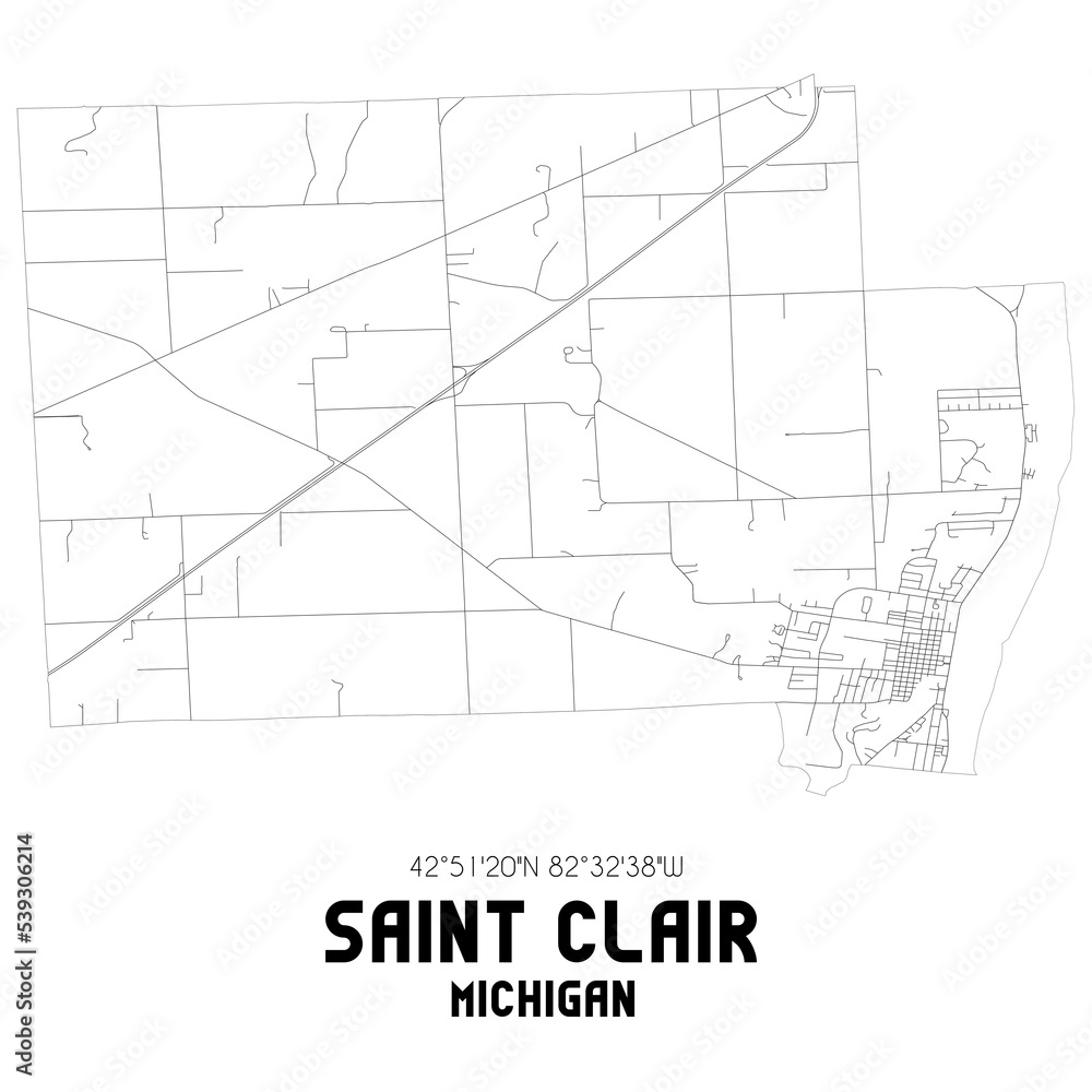 Saint Clair Michigan. US street map with black and white lines.