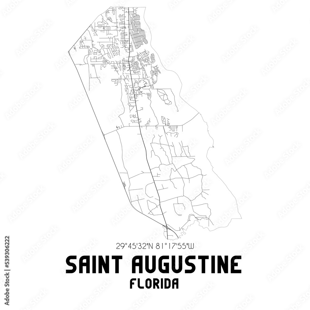 Saint Augustine Florida. US street map with black and white lines.
