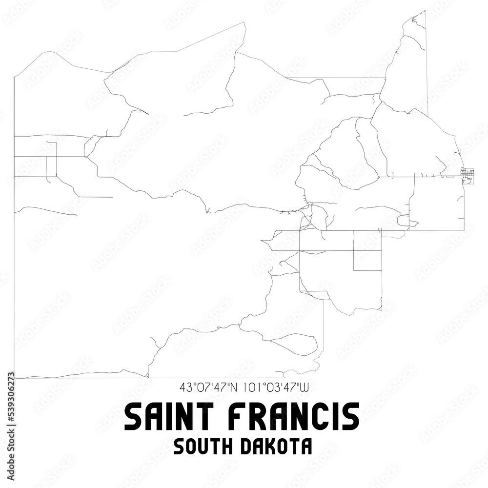 Saint Francis South Dakota. US street map with black and white lines.