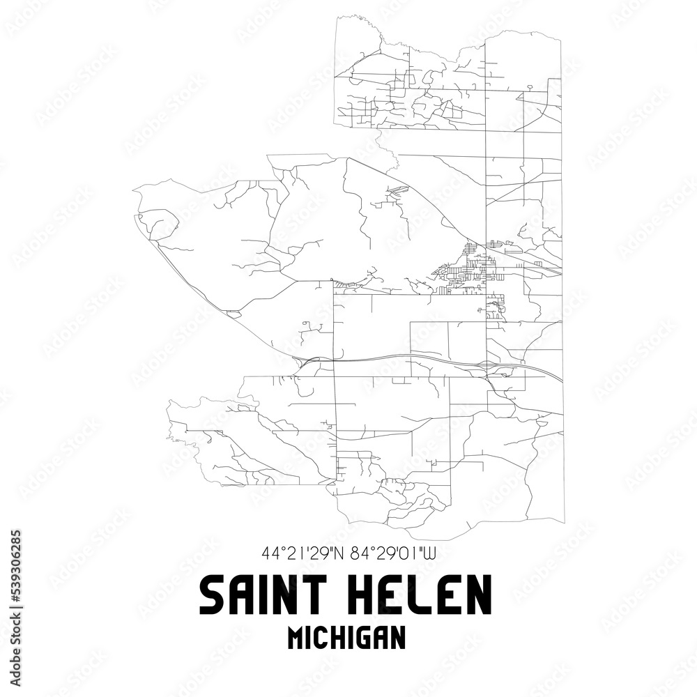 Saint Helen Michigan. US street map with black and white lines.