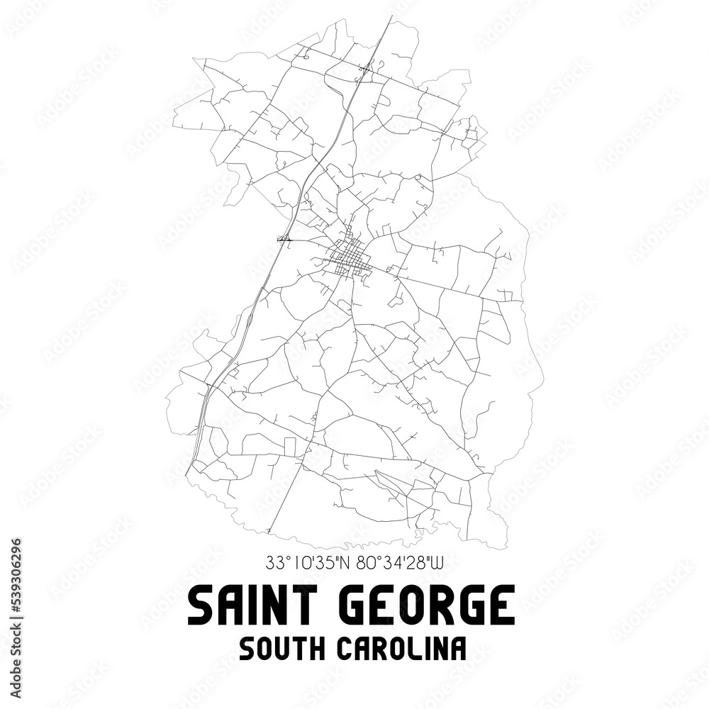 Saint George South Carolina. US street map with black and white lines.