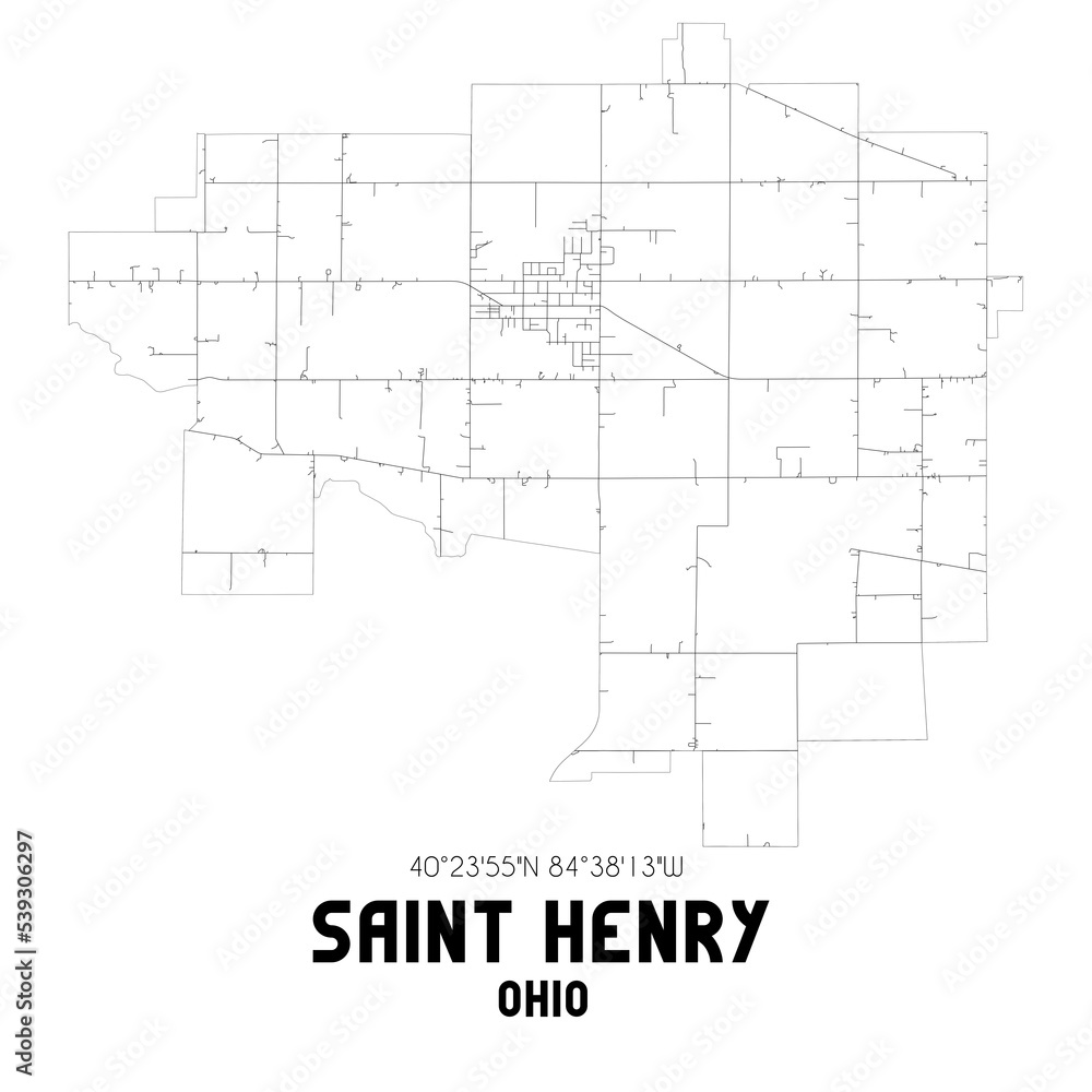 Saint Henry Ohio. US street map with black and white lines.