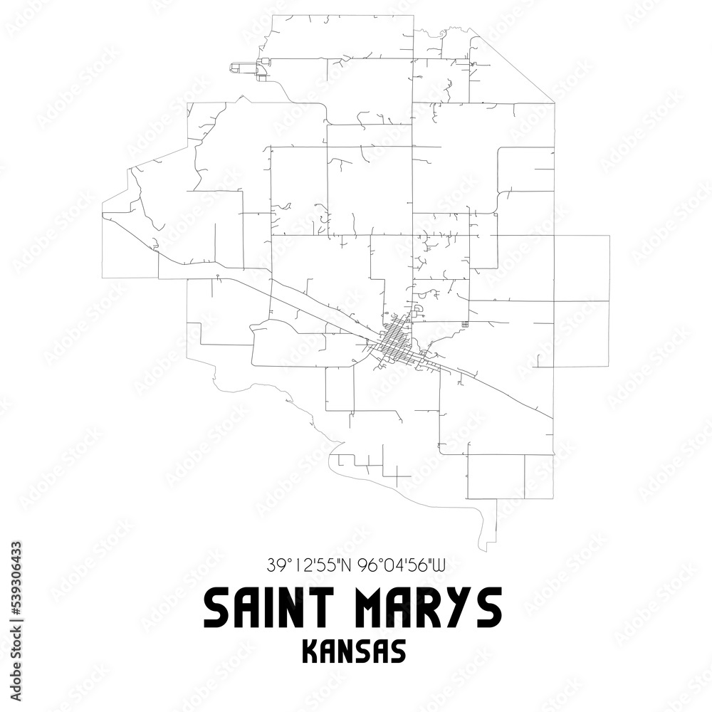 Saint Marys Kansas. US street map with black and white lines.