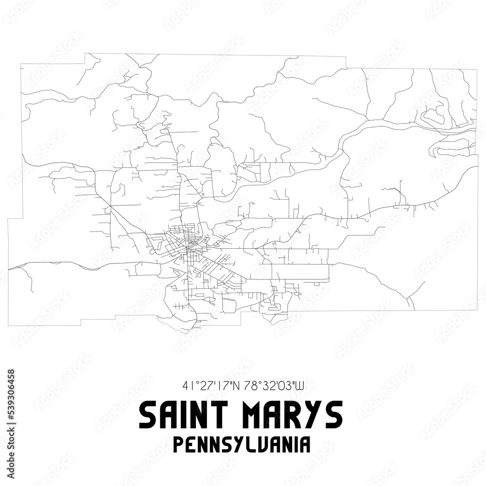 Saint Marys Pennsylvania. US street map with black and white lines.