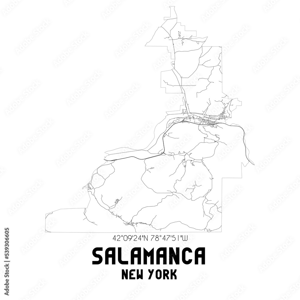 Salamanca New York. US street map with black and white lines.