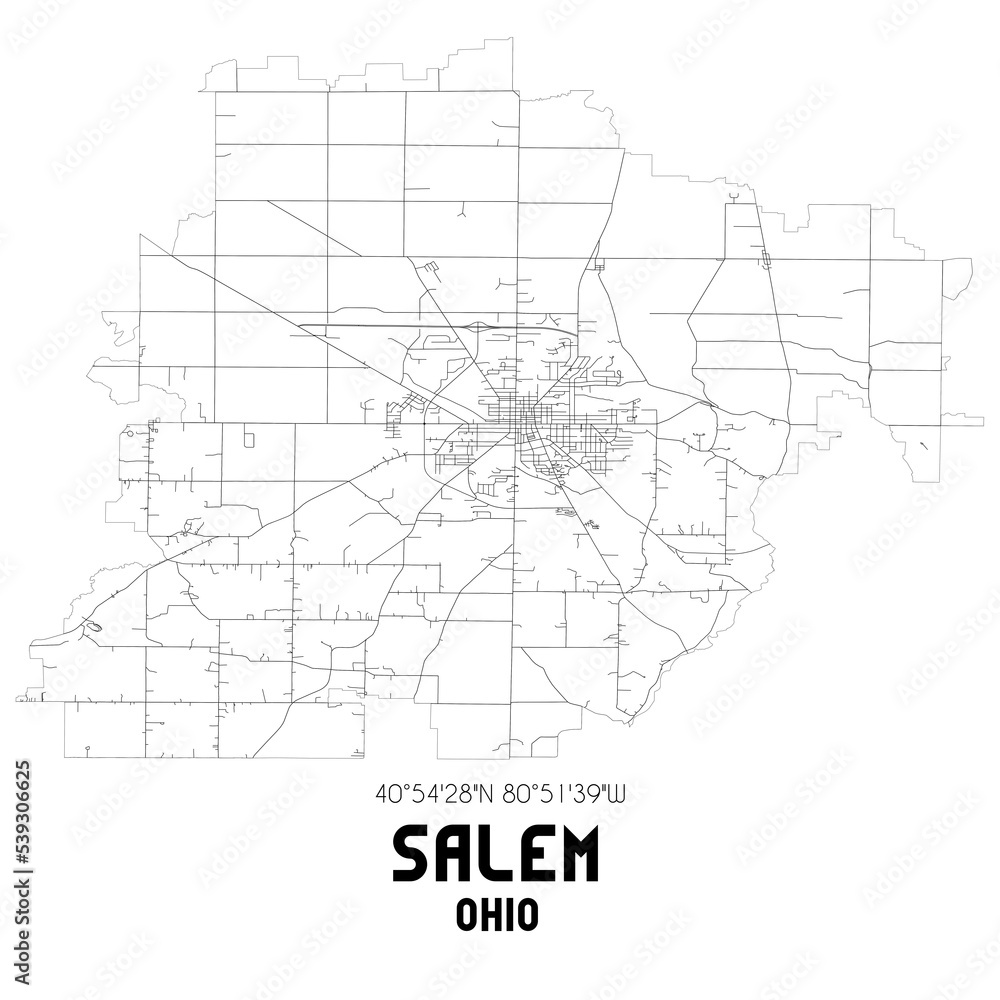 Salem Ohio. US street map with black and white lines.