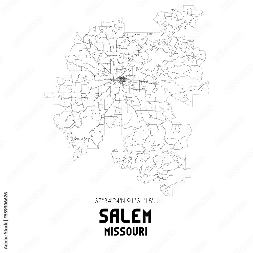 Salem Missouri. US street map with black and white lines.