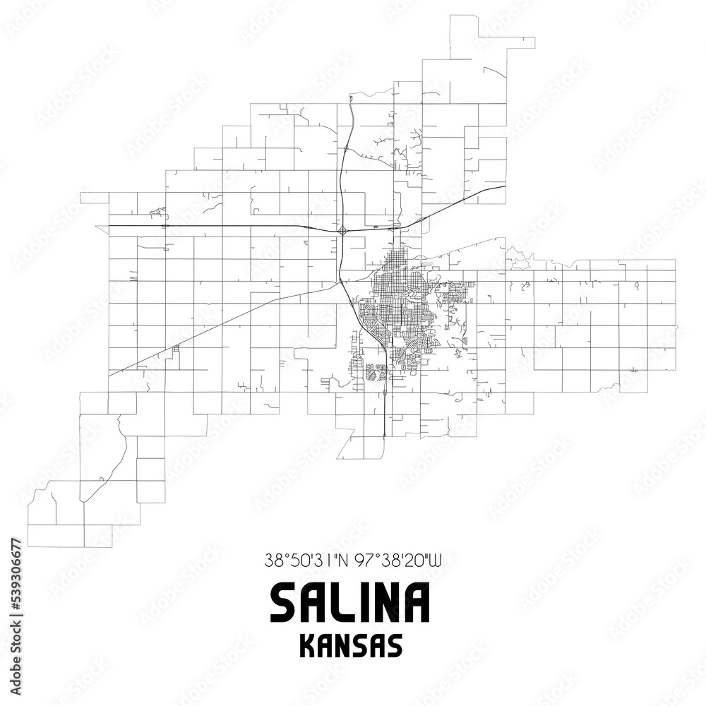 Salina Kansas. US street map with black and white lines. Stock