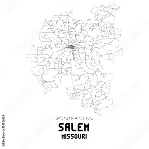 Salem Missouri. US street map with black and white lines.