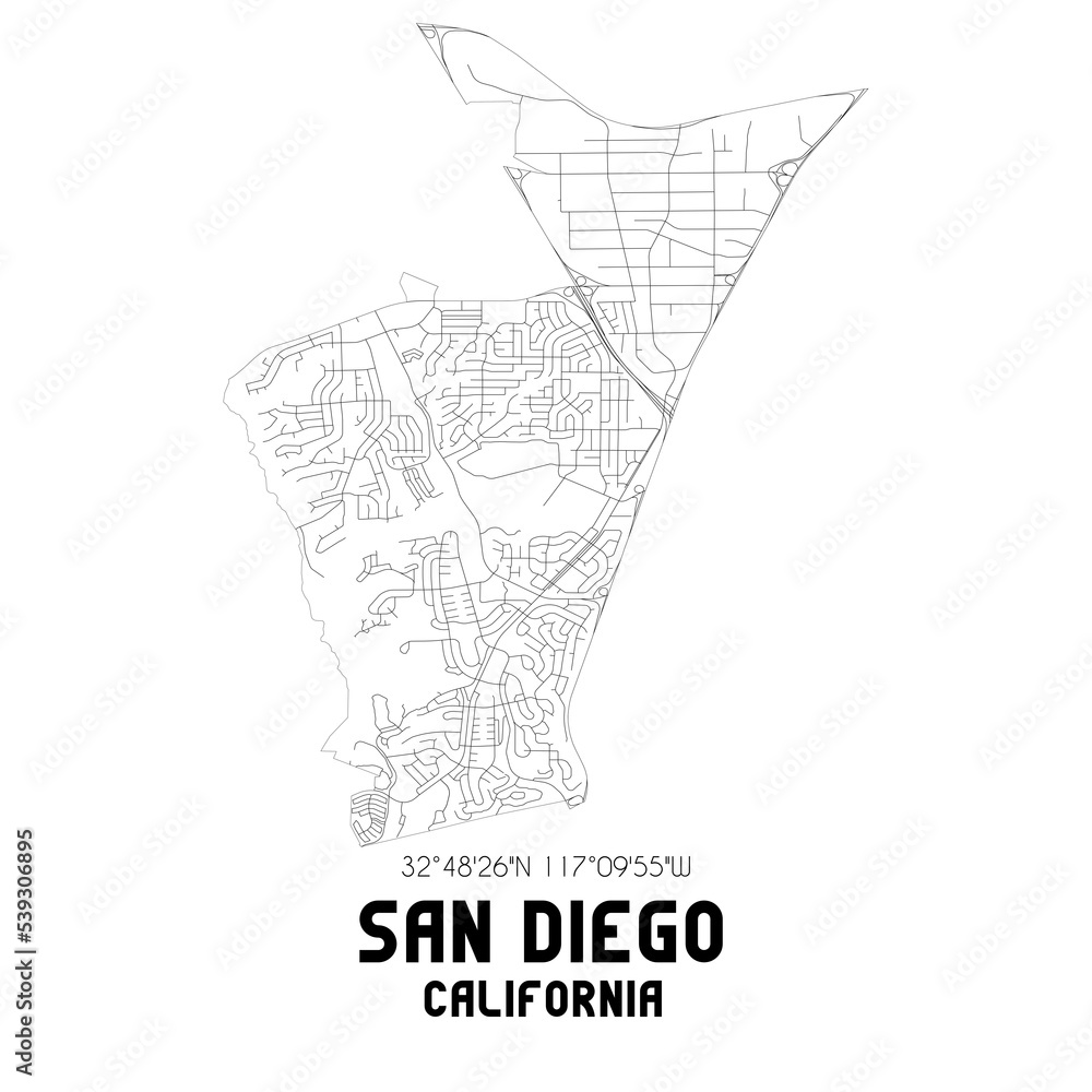 San Diego California. US street map with black and white lines.