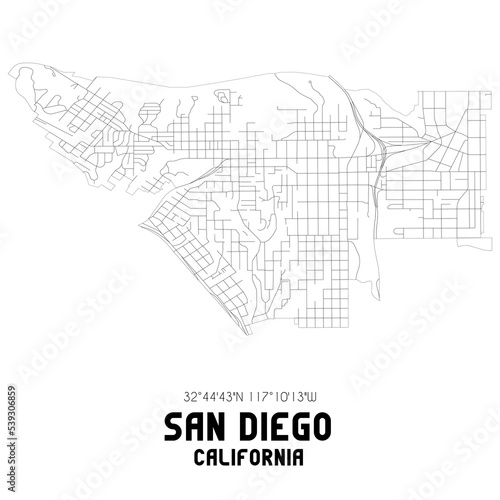 San Diego California. US street map with black and white lines.