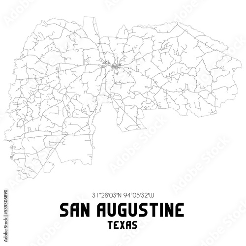 San Augustine Texas. US street map with black and white lines.