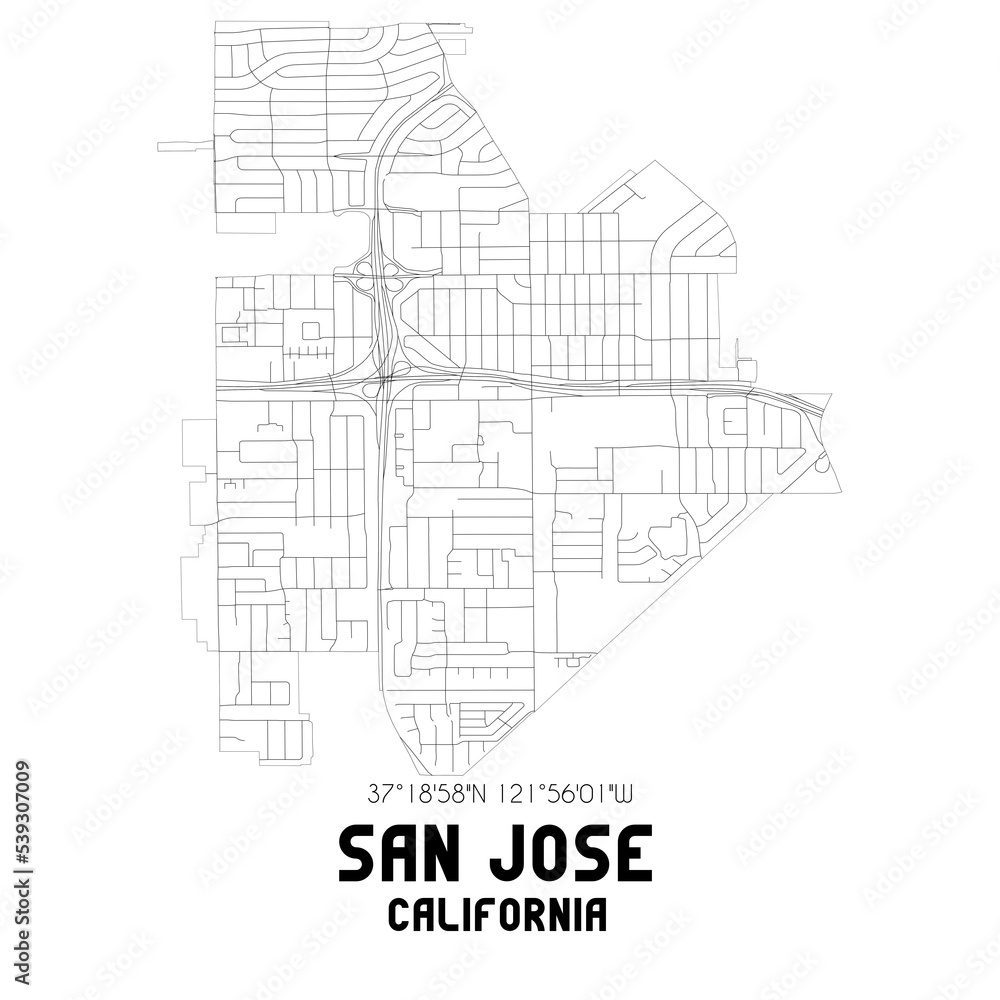 San Jose California. US street map with black and white lines.