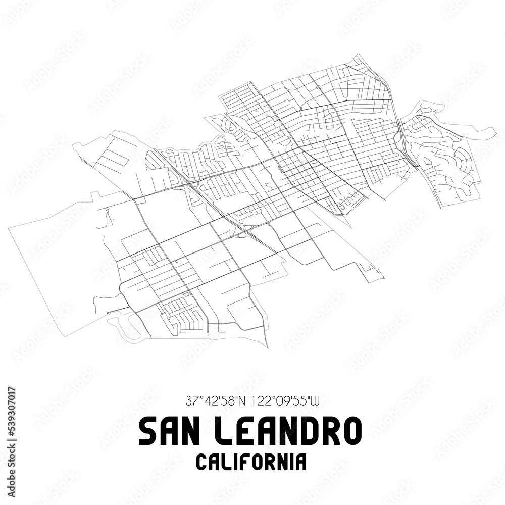 San Leandro California. US street map with black and white lines.