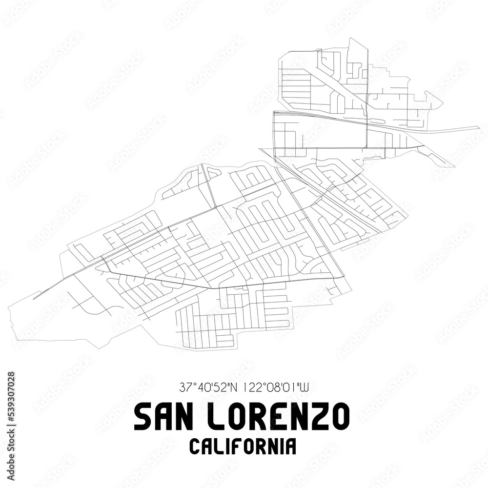 San Lorenzo California. US street map with black and white lines.