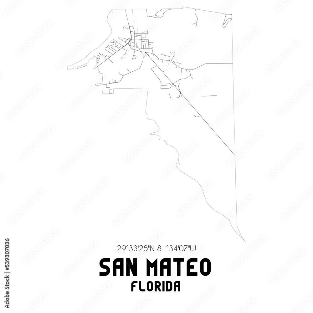 San Mateo Florida. US street map with black and white lines.