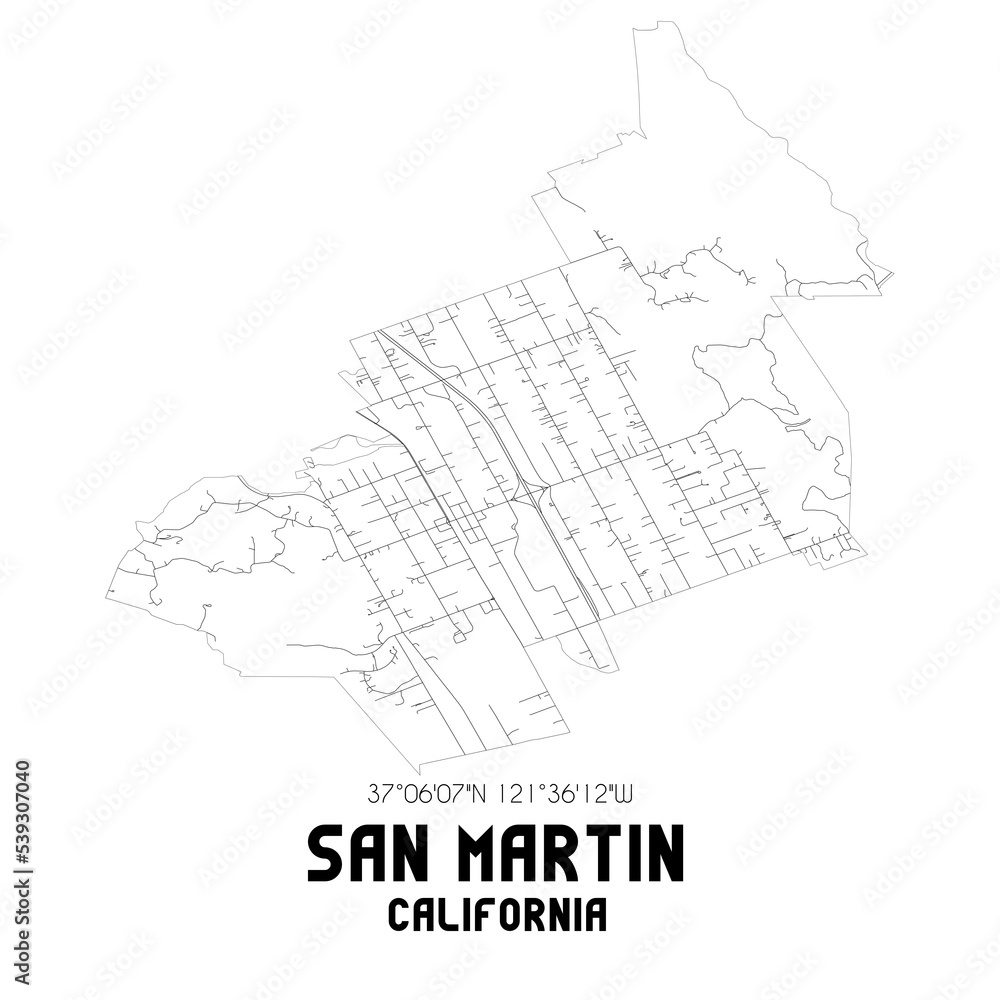 San Martin California. US street map with black and white lines. Stock