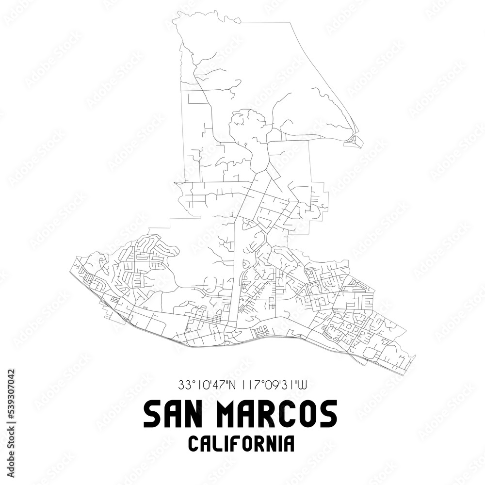 San Marcos California. US street map with black and white lines.
