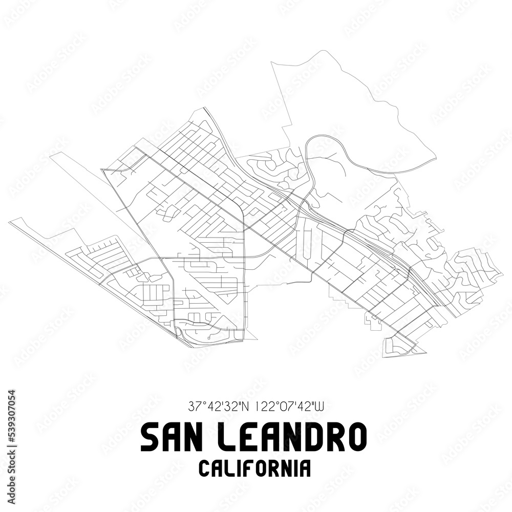 San Leandro California. US street map with black and white lines.