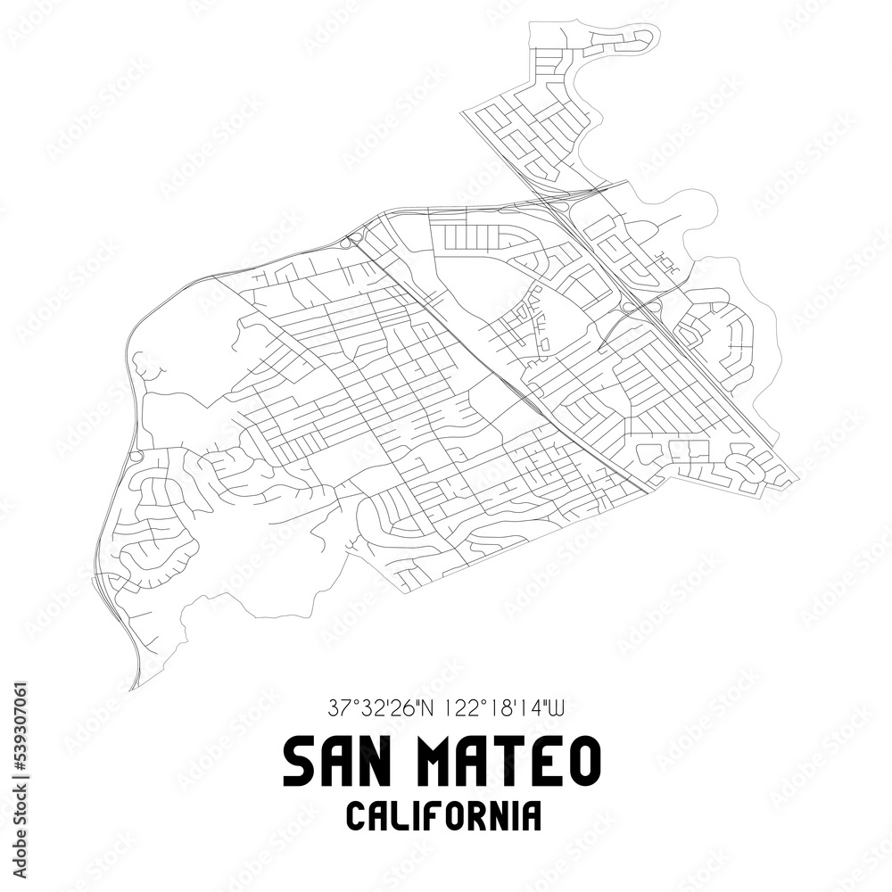 San Mateo California. US street map with black and white lines.