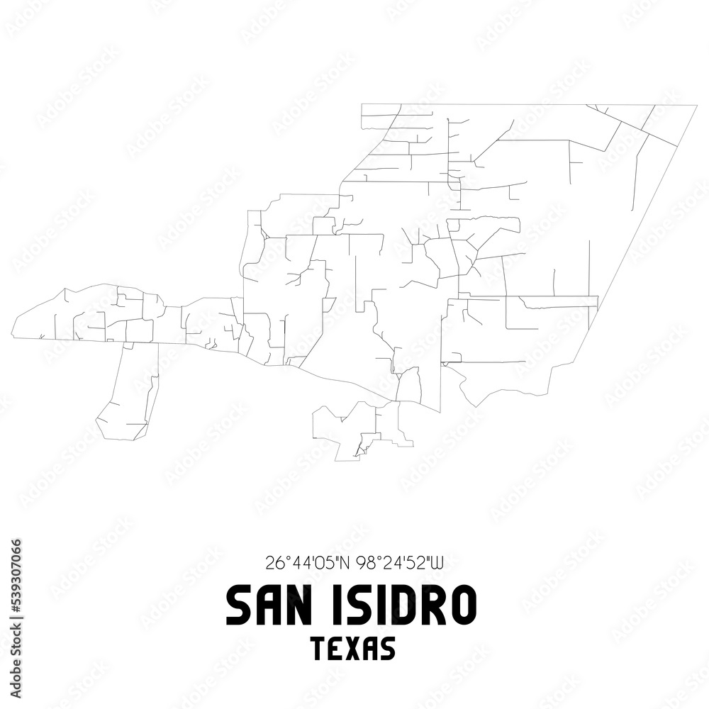 San Isidro Texas. US street map with black and white lines.