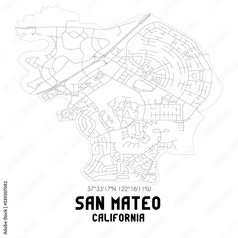 San Mateo California. US street map with black and white lines. San Mateo California. US street map with black and white lines.
