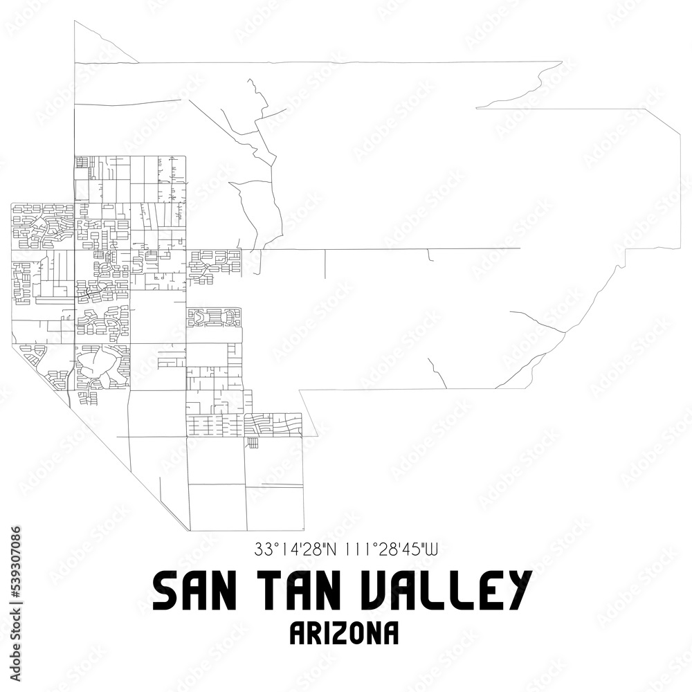San Tan Valley Arizona. US street map with black and white lines.