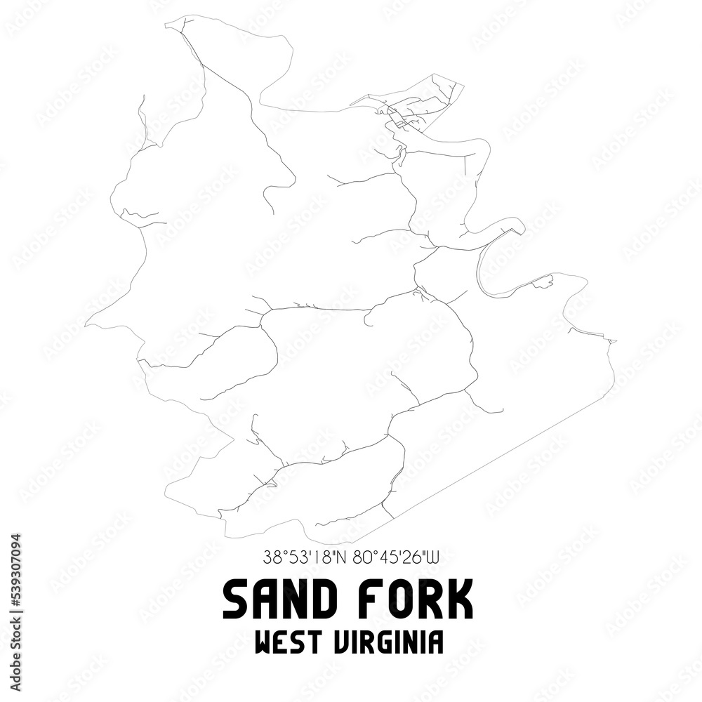 Sand Fork West Virginia. US street map with black and white lines.