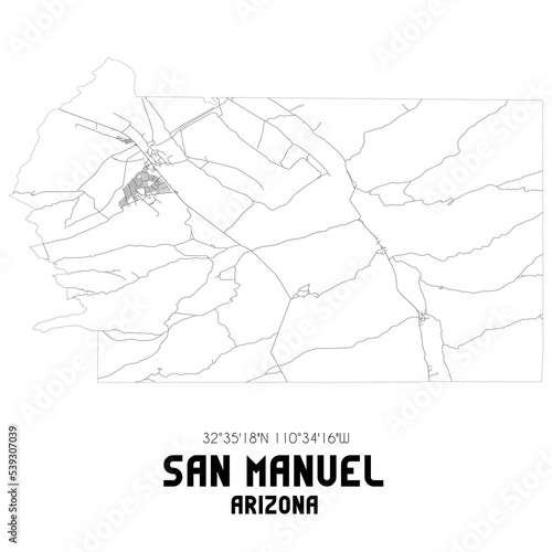 San Manuel Arizona. US street map with black and white lines.