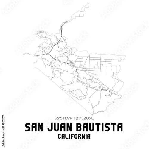 San Juan Bautista California. US street map with black and white lines.