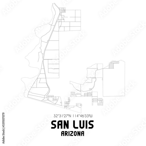 San Luis Arizona. US street map with black and white lines.