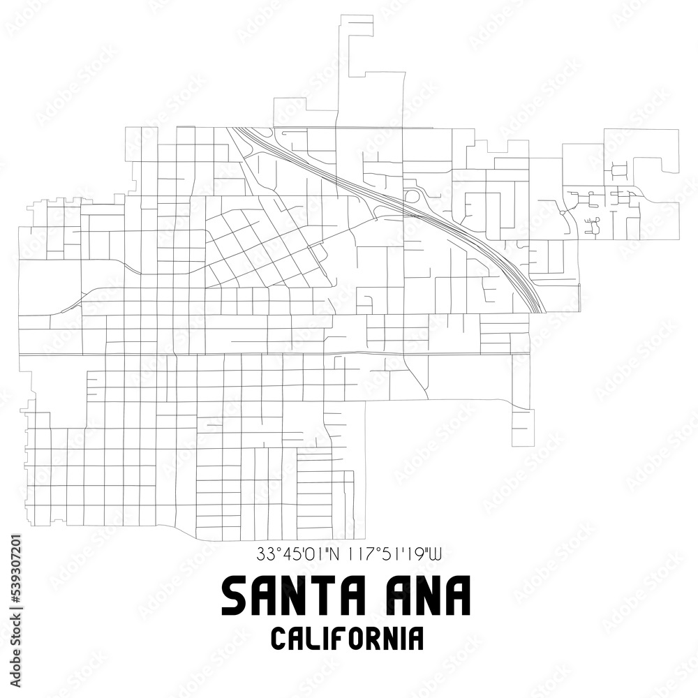 Fototapeta premium Santa Ana California. US street map with black and white lines.