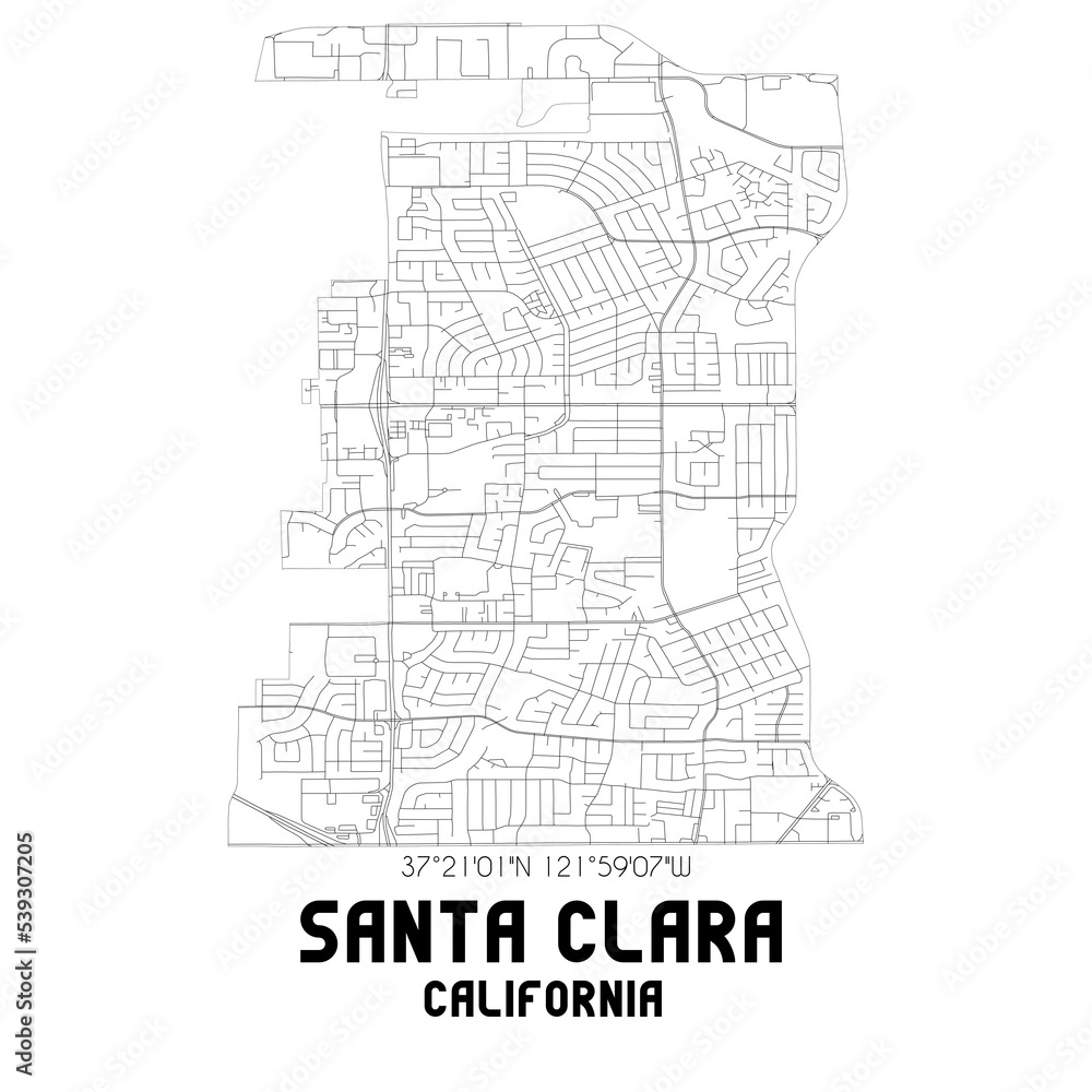 Santa Clara California. US street map with black and white lines.