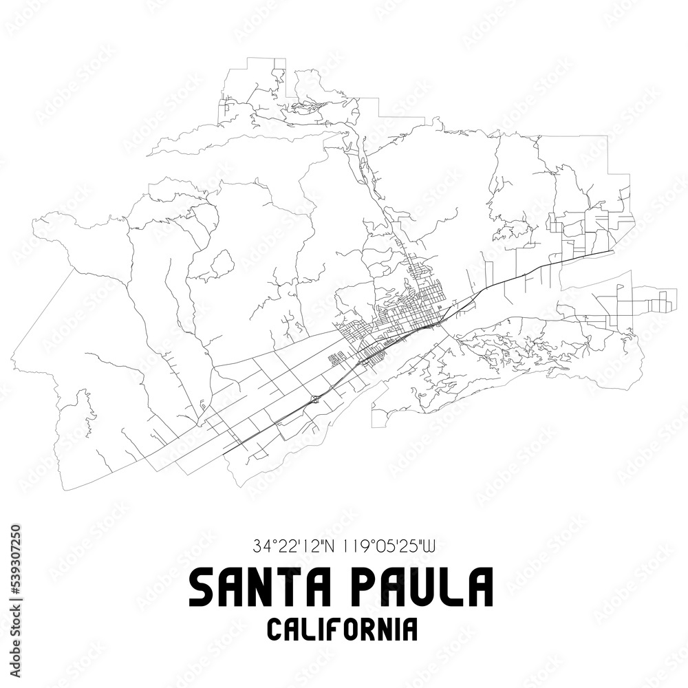 Santa Paula California. US street map with black and white lines.