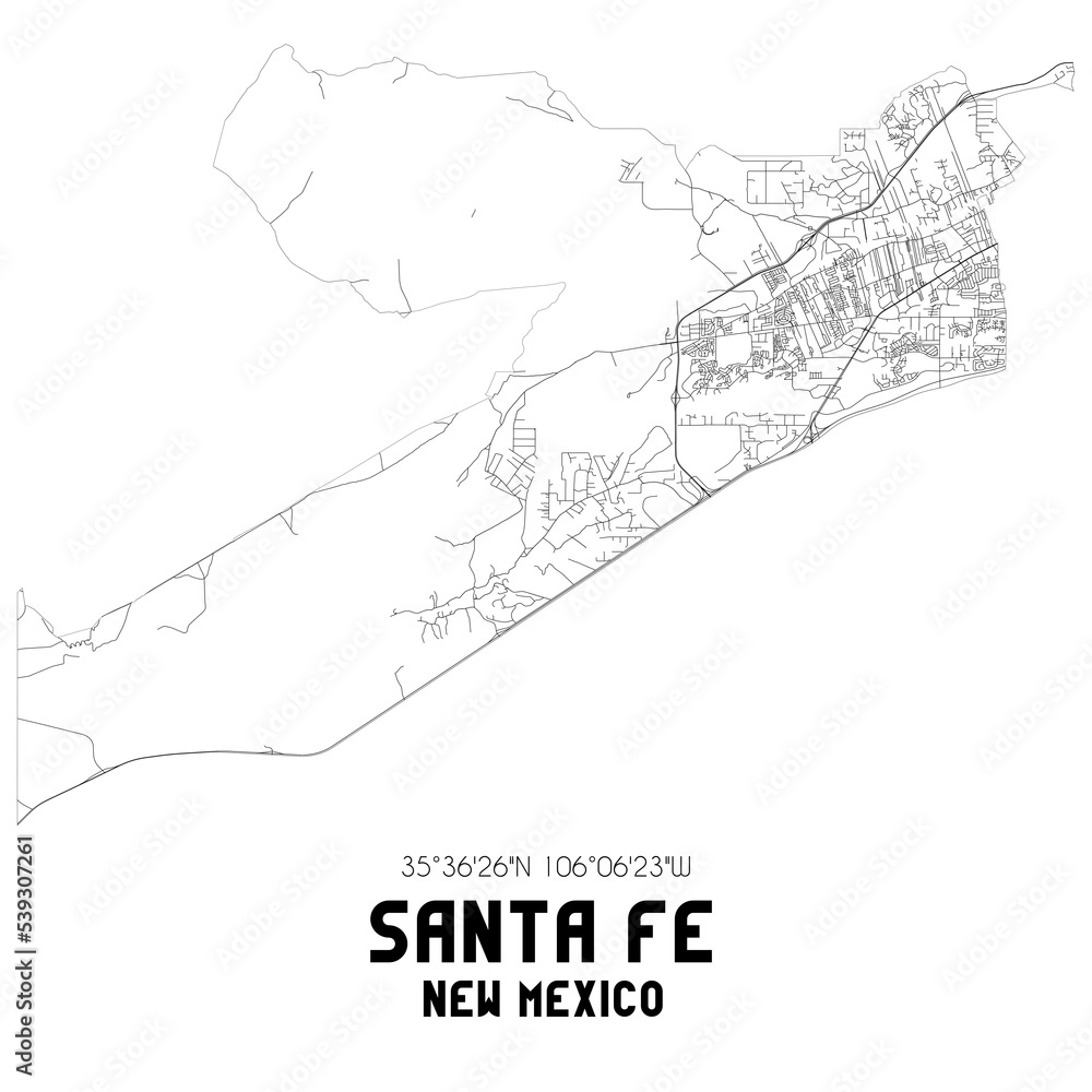 Santa Fe New Mexico. US street map with black and white lines.