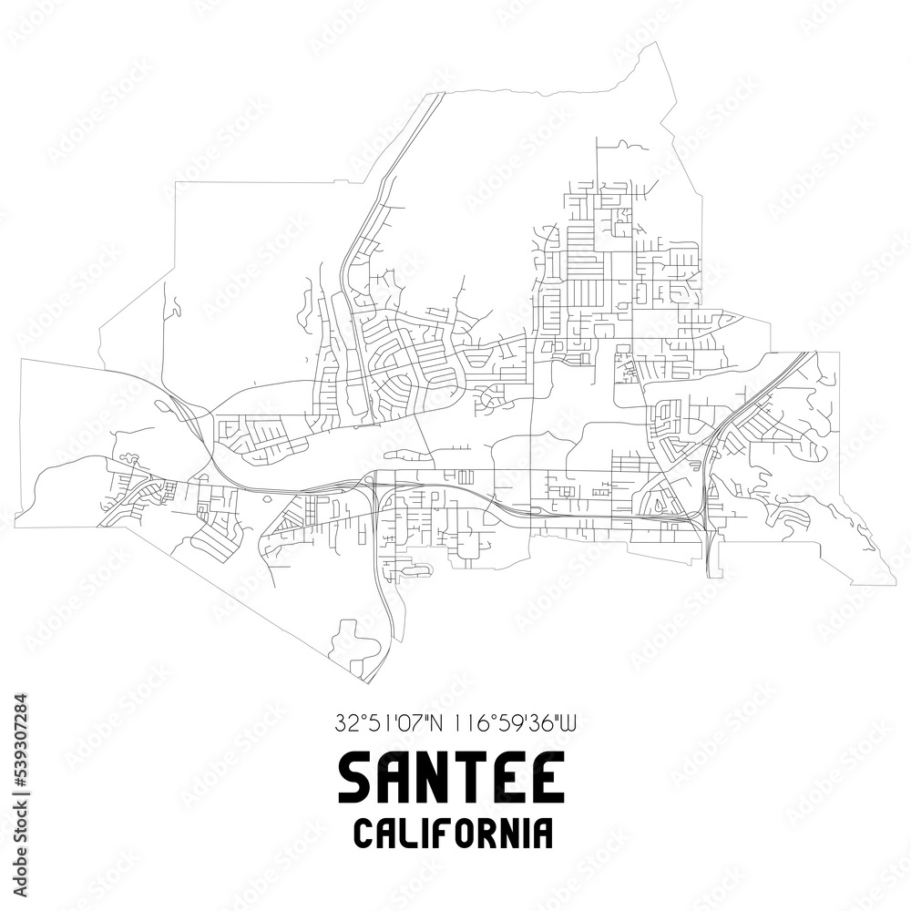 Santee California. US street map with black and white lines.