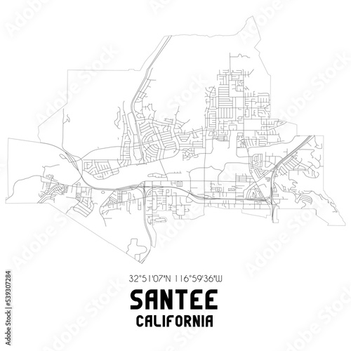 Santee California. US street map with black and white lines.