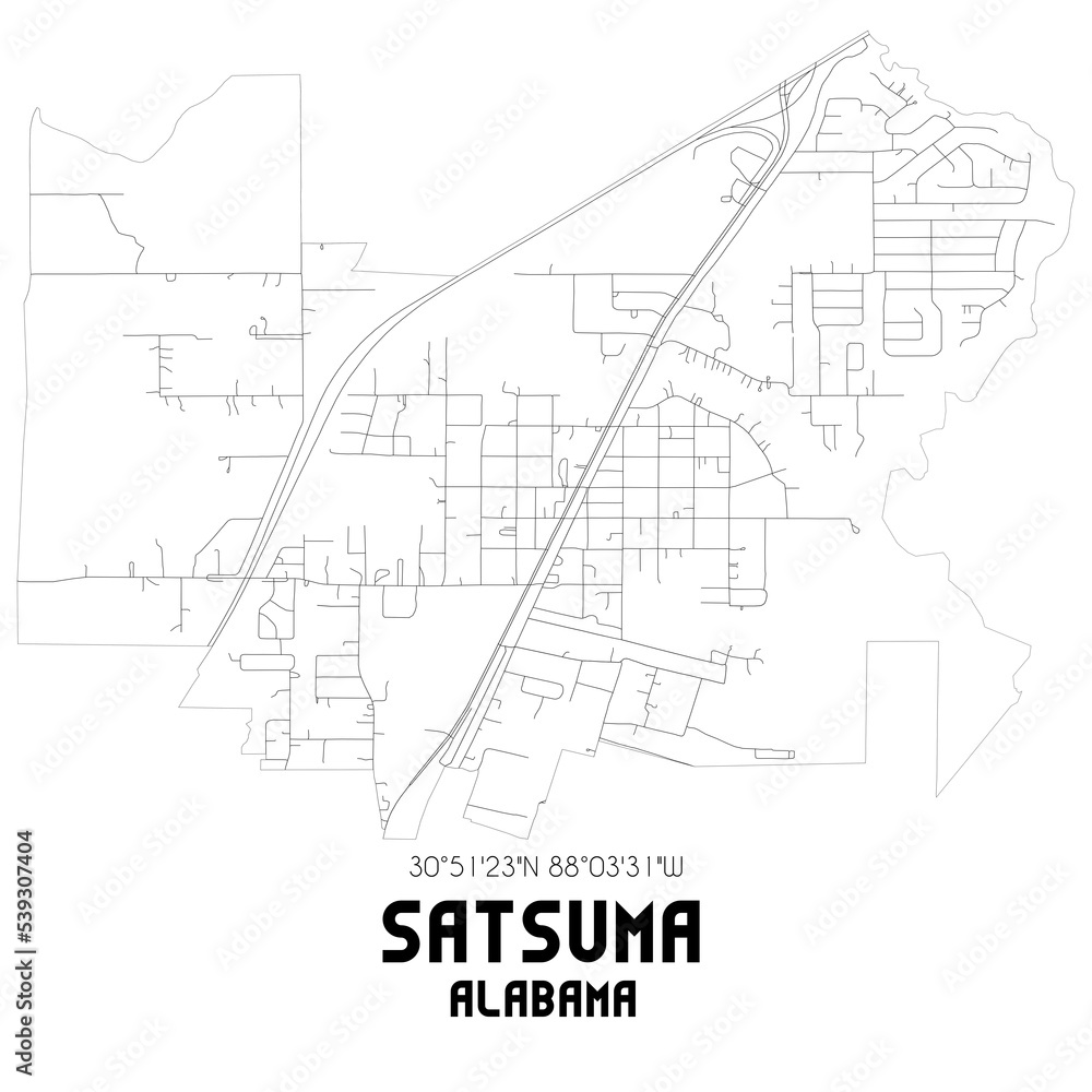 Satsuma Alabama. US street map with black and white lines.